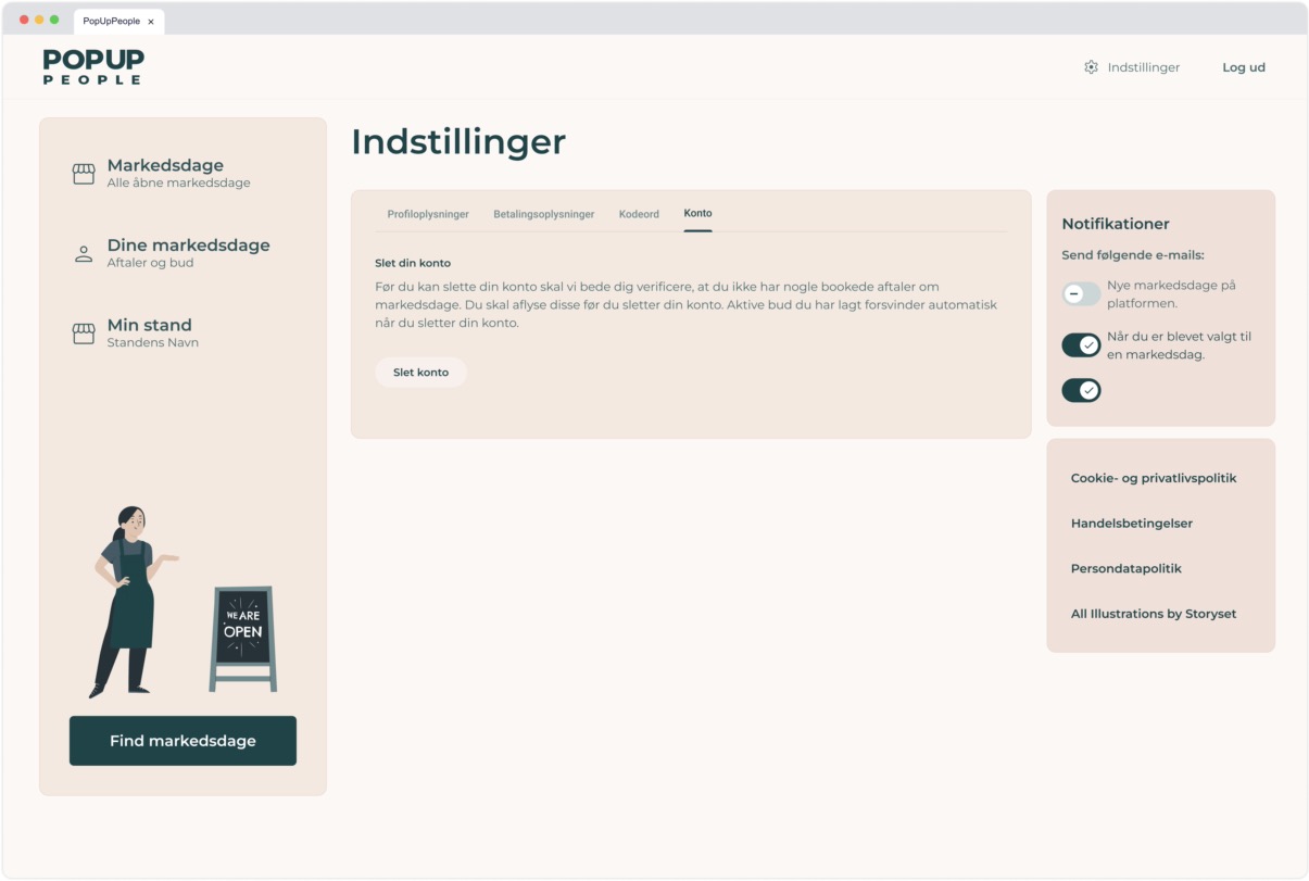 Settings page account deletion tab for vendors outlining requirements to verify no booked market days before deleting account, with a "Slet konto" button.